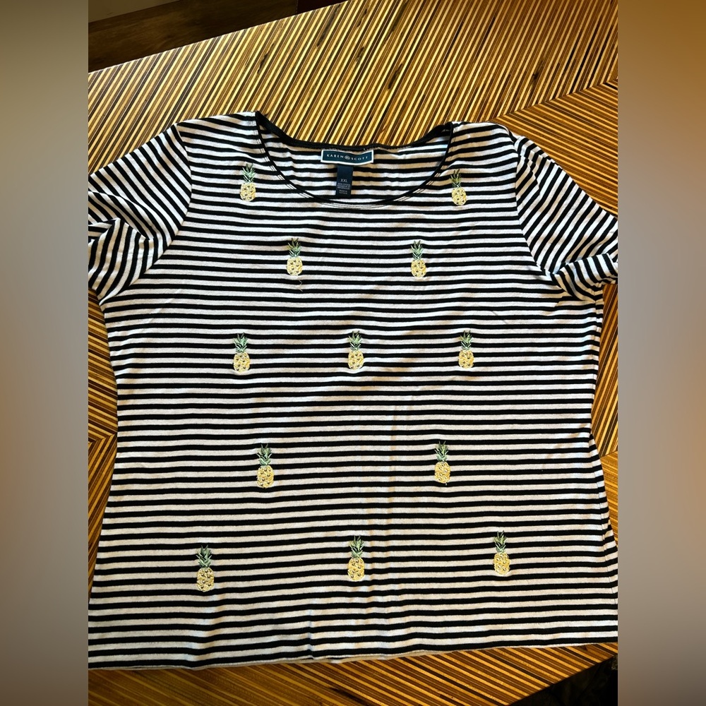 Karen Scott Black and White Striped Pineapple Tee